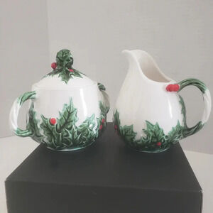 Vintage Lefton White/Green/Red Holly  Berry Holiday Creamer/Sugar bowl.